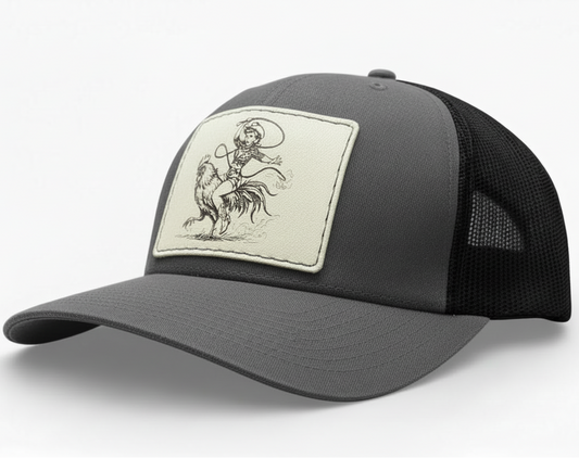 Gray and black cap with a patch featuring a graphic design on a white background