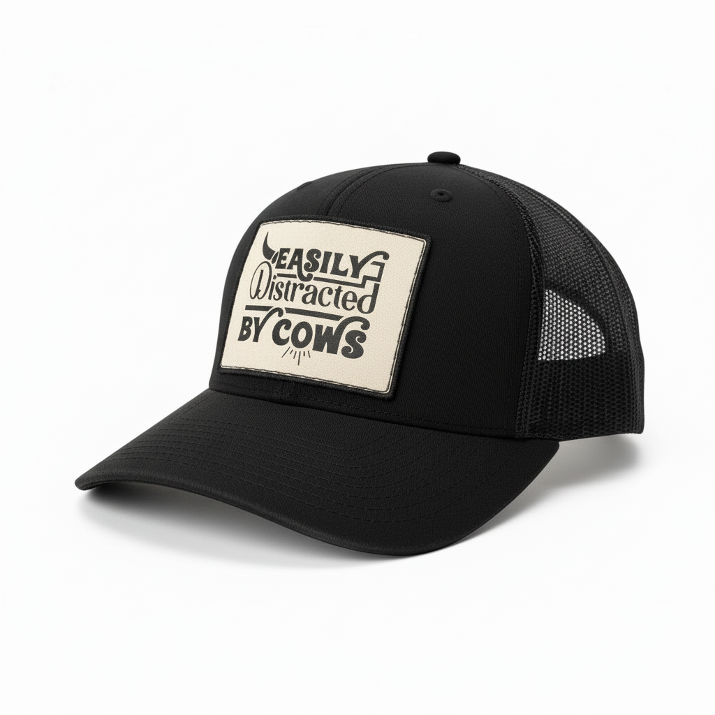 Gray and white cap with a patch that says 'Easily Distracted by Cows' on a white background