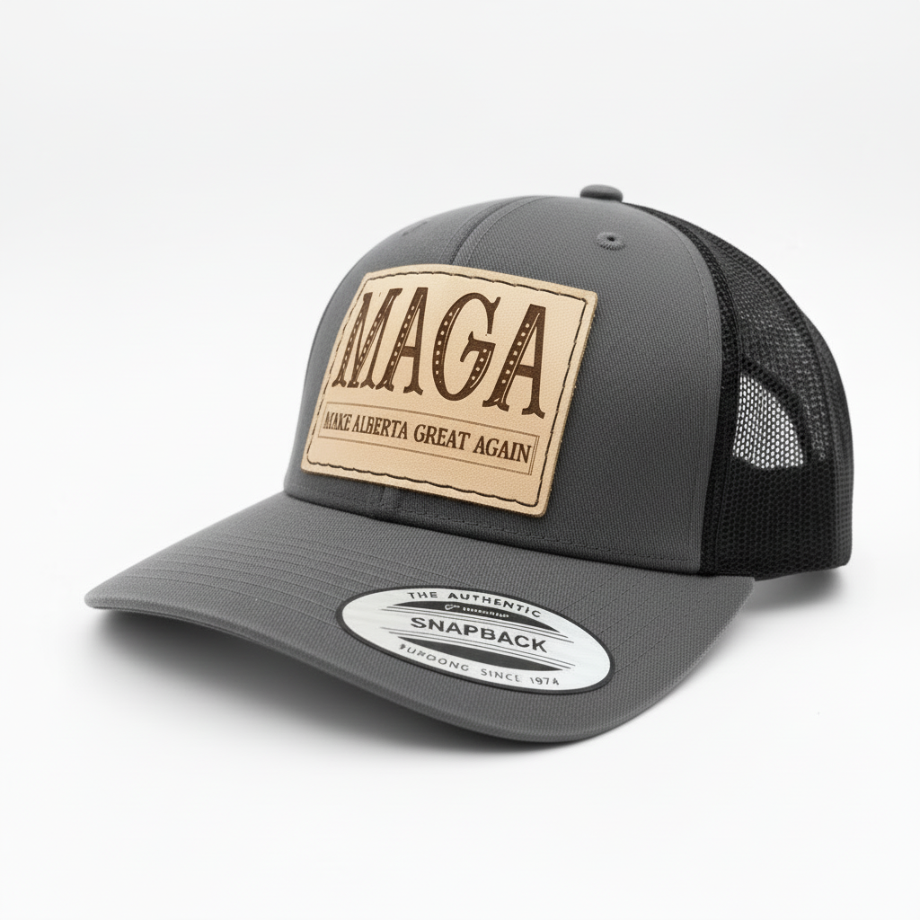 Black trucker cap with 'MAGA Make Alberta Great Again' patch on a white background