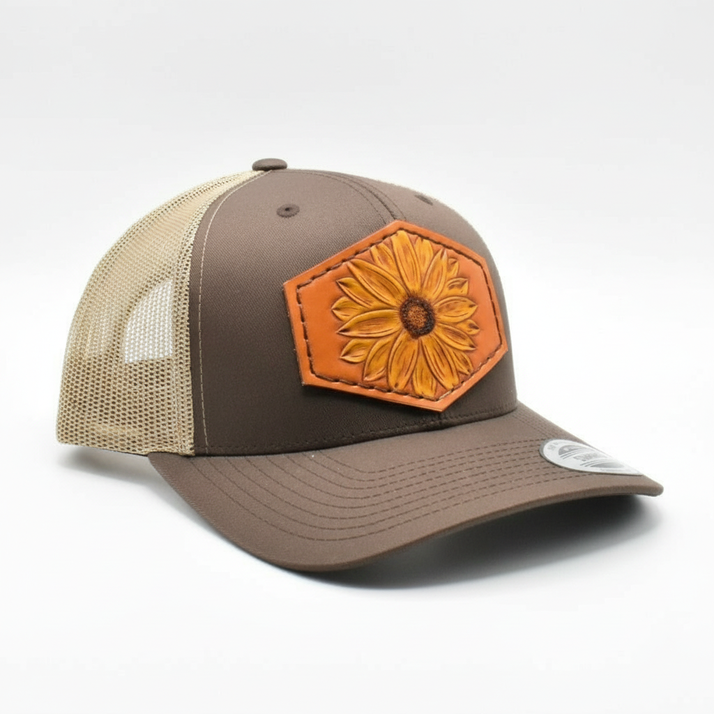 Sunflower Tooled Hexagon Leather Hat