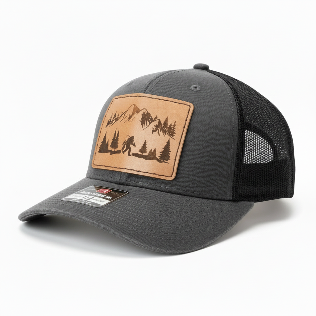 Black trucker cap with a leather patch featuring mountains and trees on a white background
