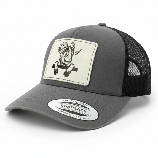Gray and black trucker cap with a patch on a white background