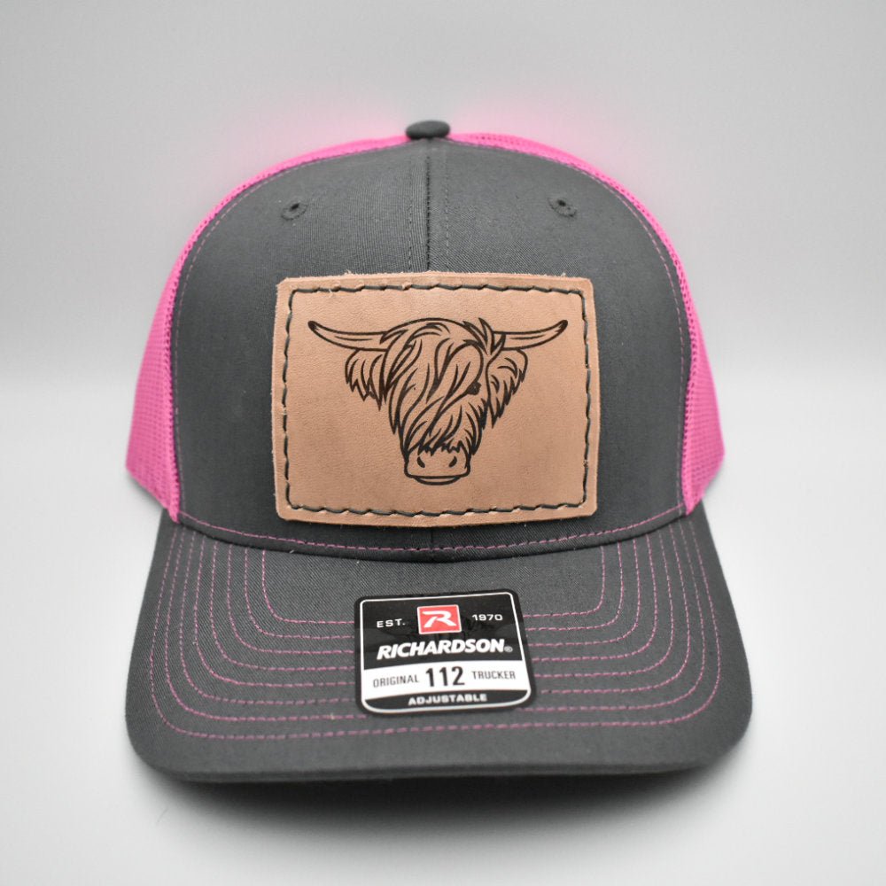Hairy Highland Steer Hat leather patch sewn onto a richardson 112 hat - Prairie Buffalo