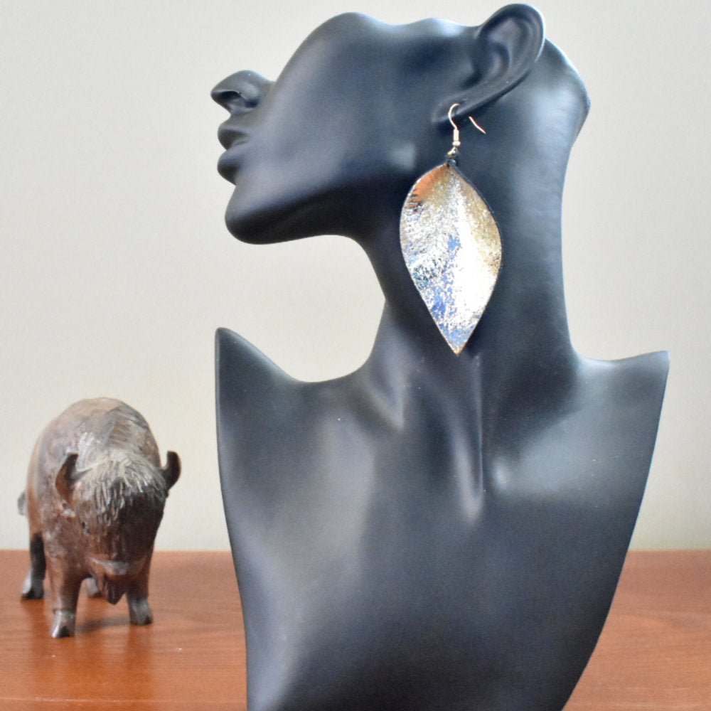 Leather Earrings Leaf Metallic - Prairie Buffalo