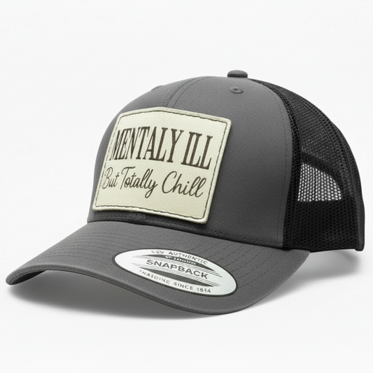 Gray and black cap with a patch on a white background