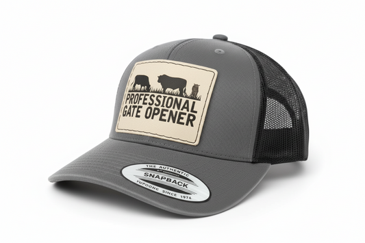 Gray trucker cap with a patch labeled 'Professional Gate Opener' on a white background