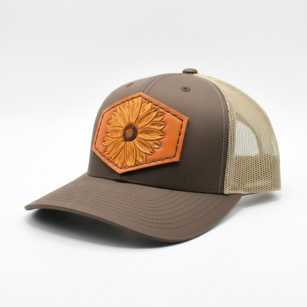 Brown and beige cap with a sunflower patch on a white background