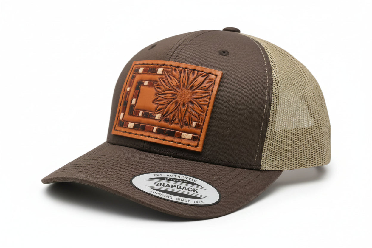 Brown Aztec Sunflower Tooled Leather Hat - Prairie Buffalo