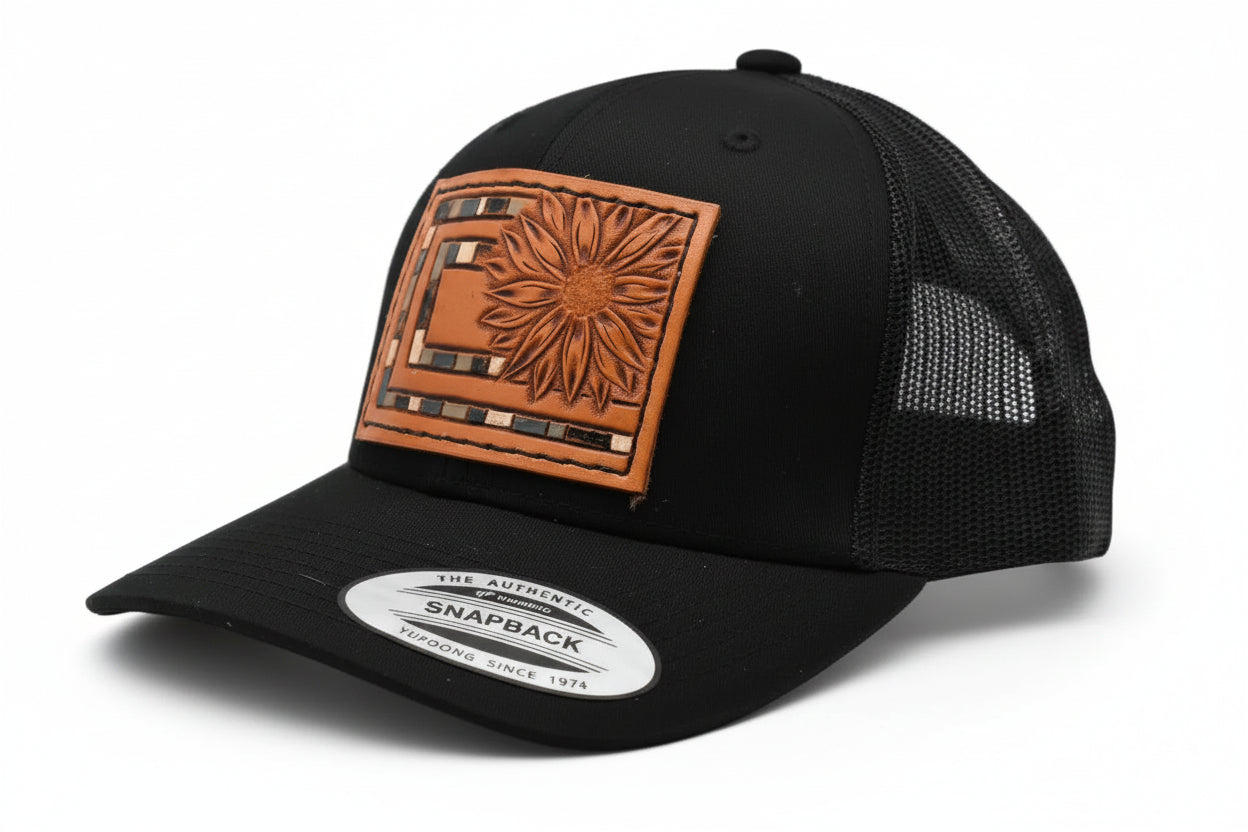 Black Aztec Sunflower Tooled Leather Hat - Prairie Buffalo