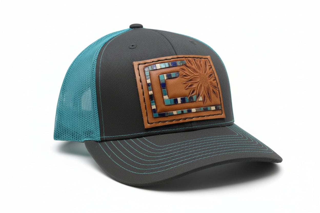 Blue Aztec Sunflower Tooled Leather Hat - Prairie Buffalo