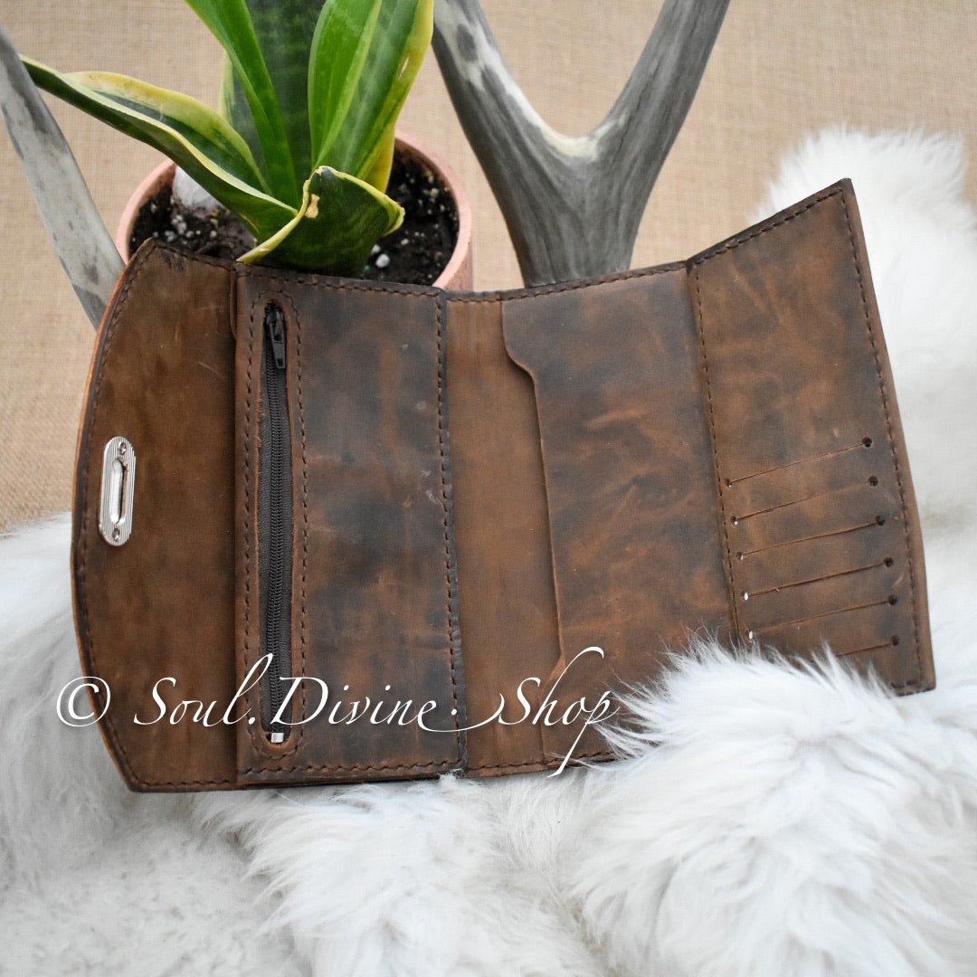 Basketweave Hand Tooled Leather Clutch Wallet - Prairie Buffalo