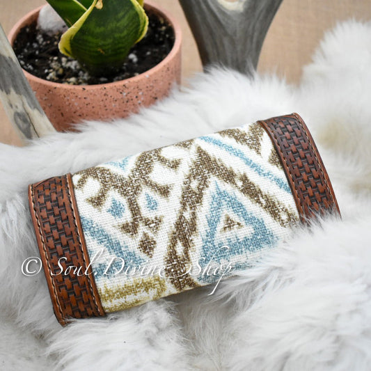 Basketweave Hand Tooled Leather Clutch Wallet - Prairie Buffalo
