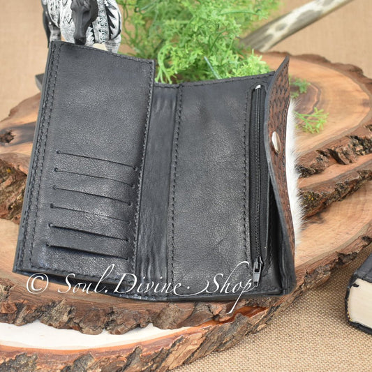 Dark Brown Tooled Basketweave Leather Wallet - Prairie Buffalo