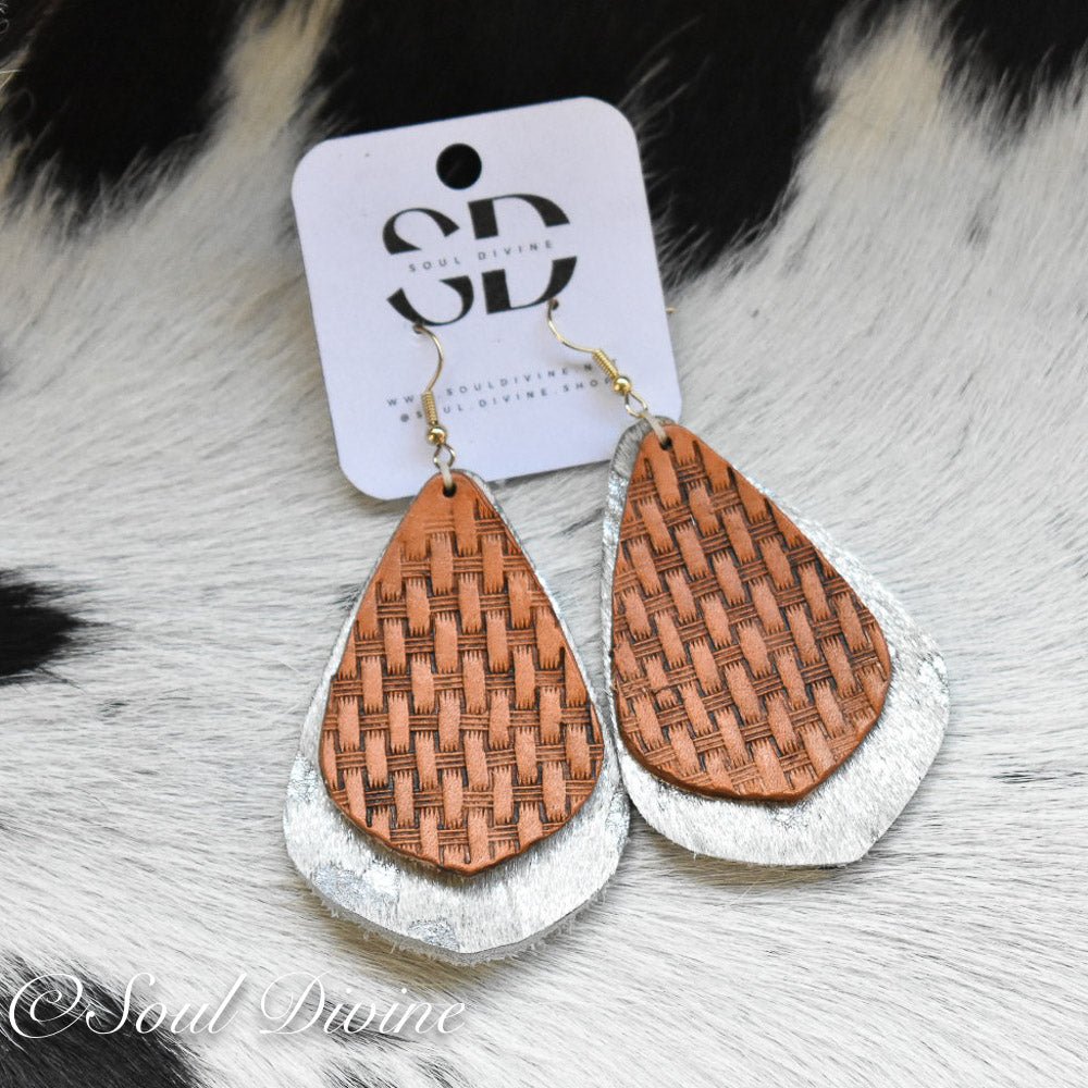Hand Tooled Leather Earrings - Prairie Buffalo