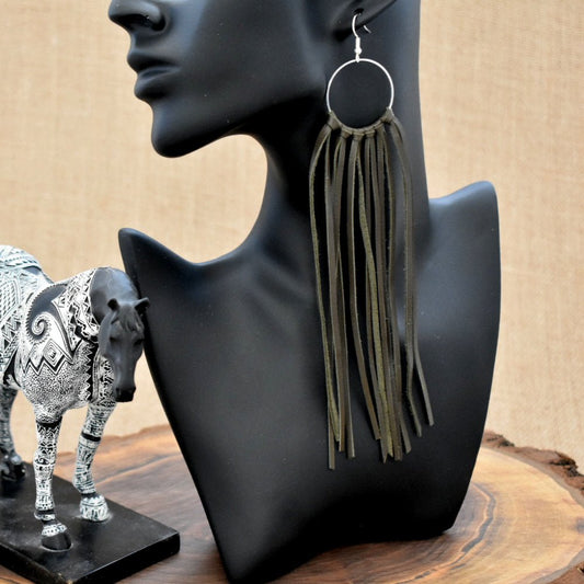 Leather Fringe Earrings - Army Green - Prairie Buffalo