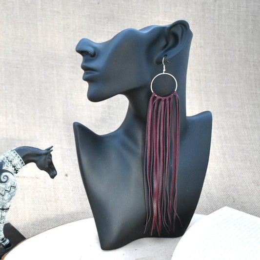 Leather Fringe Earrings - Burgundy - Prairie Buffalo