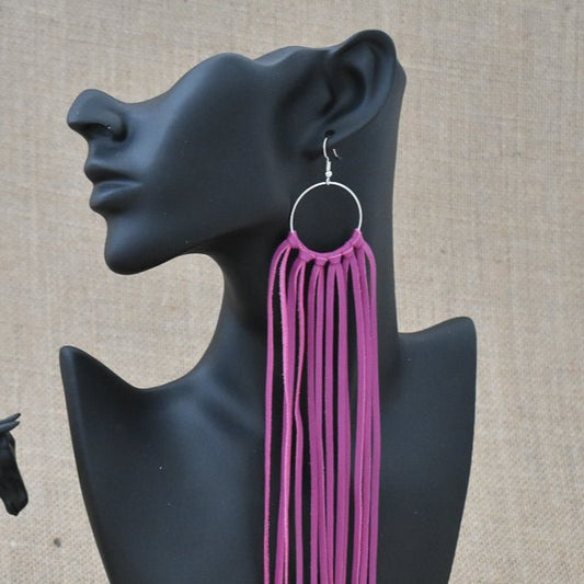 Leather Fringe Earrings - Fuchsia - Prairie Buffalo