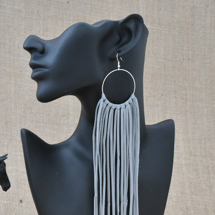 Grey Leather Fringe Earrings Prairie Buffalo - Main Image