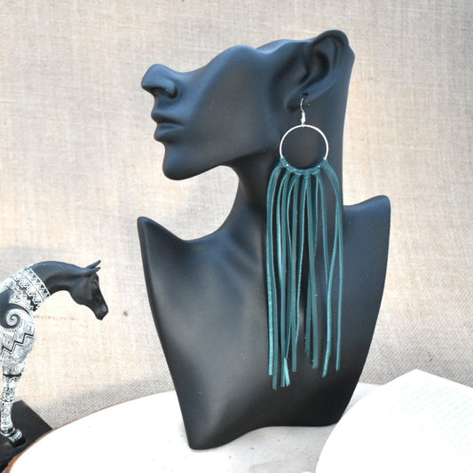 Leather Fringe Earrings - Hunter Green - Prairie Buffalo