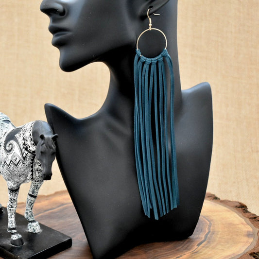 Leather Fringe Earrings - Teal - Prairie Buffalo