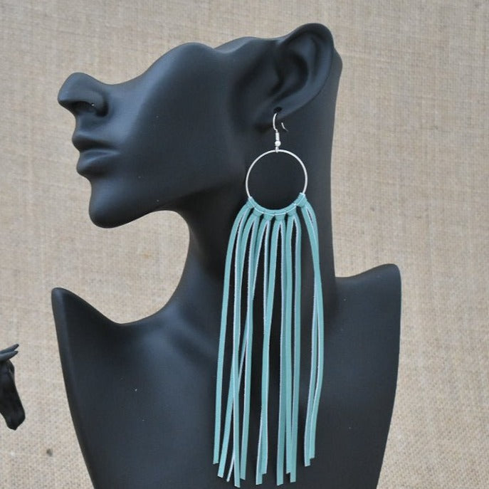 Leather Fringe Earrings - Turquoise - Prairie Buffalo