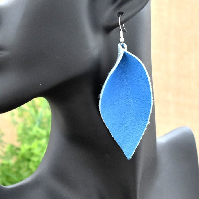 Leather Leaf Earrings Bright Blue - Prairie Buffalo
