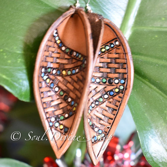 Leather Leaf Earrings Brown Hand Tooled - Prairie Buffalo