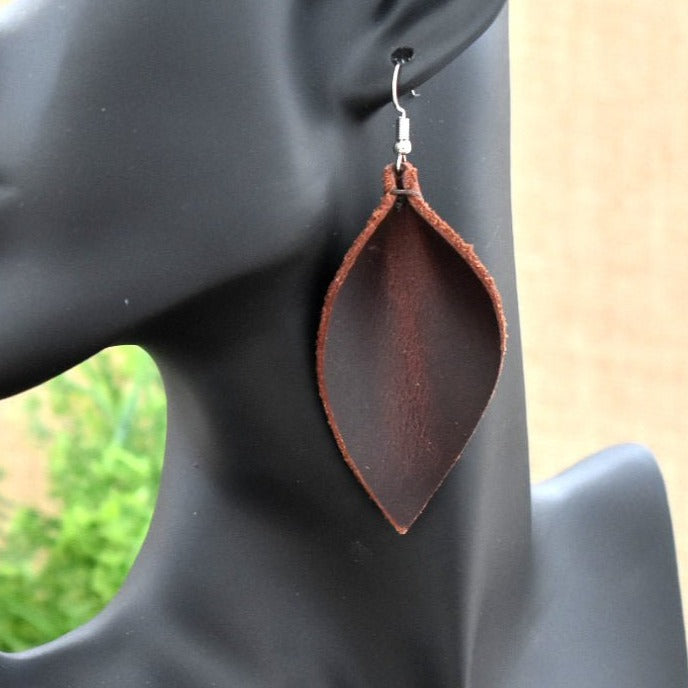 Leather Leaf Earrings Deep Red - Prairie Buffalo