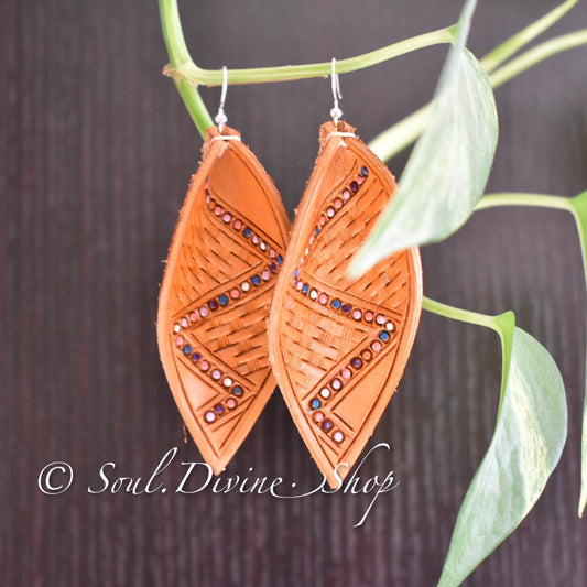 Leather Leaf Earrings Hand Tooled Brown - Prairie Buffalo