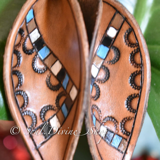 Leather Leaf Earrings Hand Tooled Light Brown - Prairie Buffalo