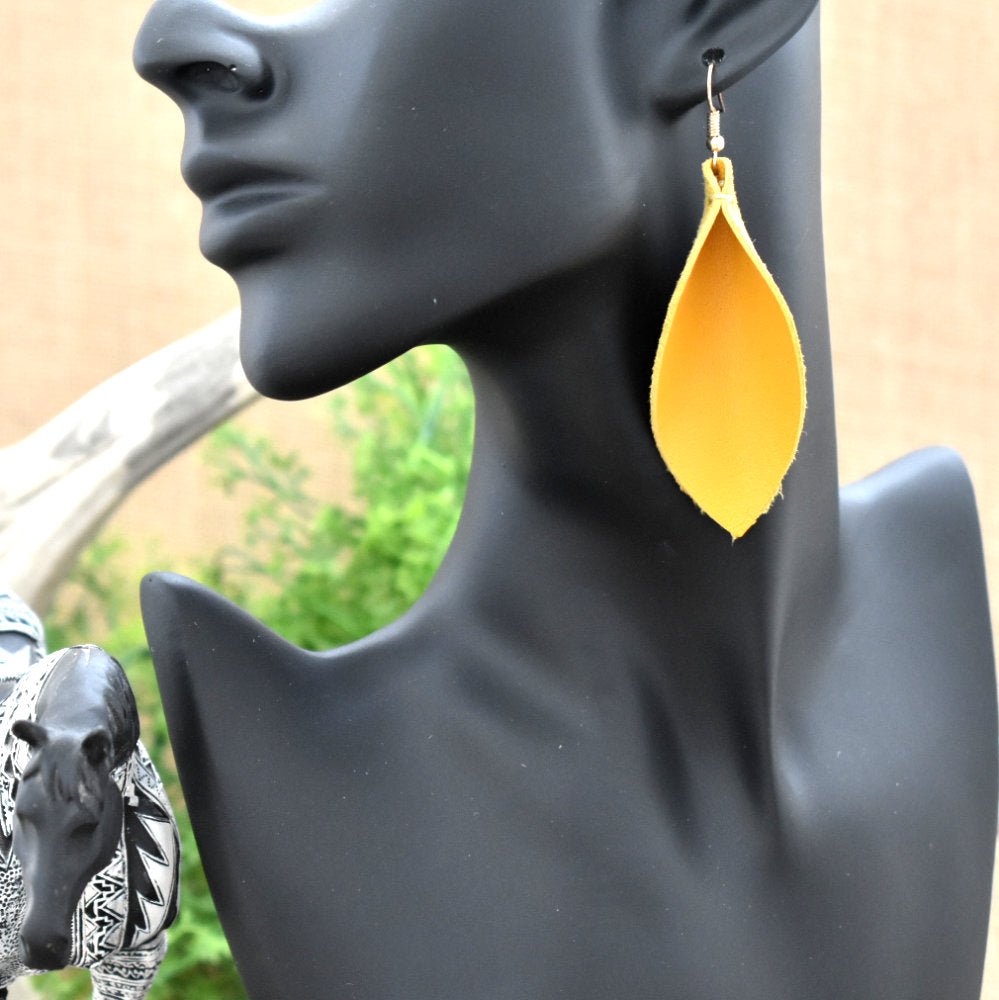 Leather Leaf Earrings Mustard Yellow - Prairie Buffalo