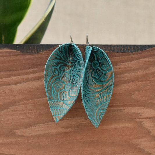 Leather Leaf Earrings Teal Floral Embossed - Prairie Buffalo