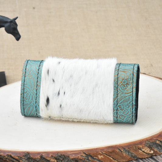 Light Teal and Gold Floral Embossed Leather Clutch Wallet with Hair on Hide - Soul Divine