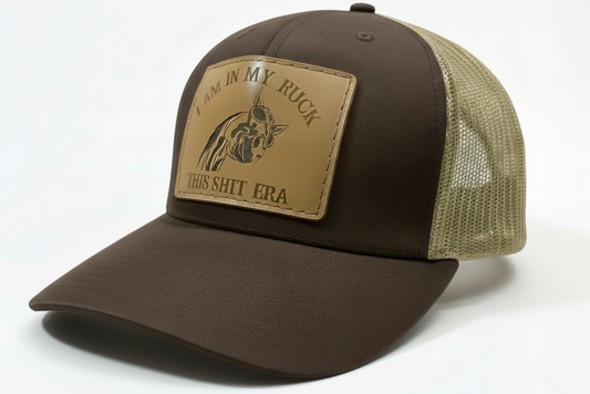 Brown and beige cap with a patch on a white background