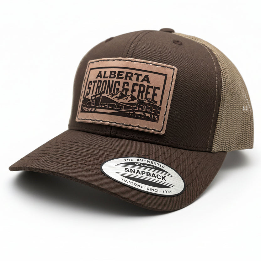 Brown and beige cap with 'Alberta Strong & Free' patch on a white background