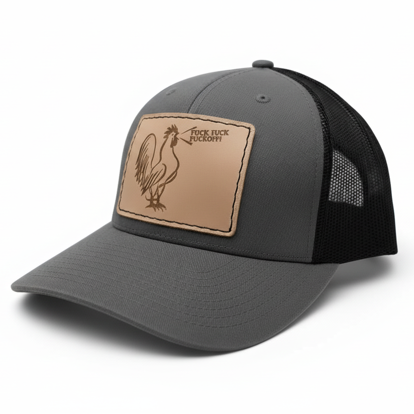 Gray and black cap with a leather patch featuring a rooster design on a light gray background