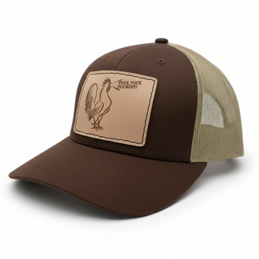 Brown and beige cap with a logo on a light gray background