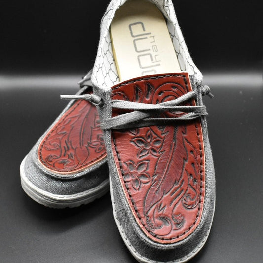 Slip on Shoes with Feather Tooled Tops - Prairie Buffalo