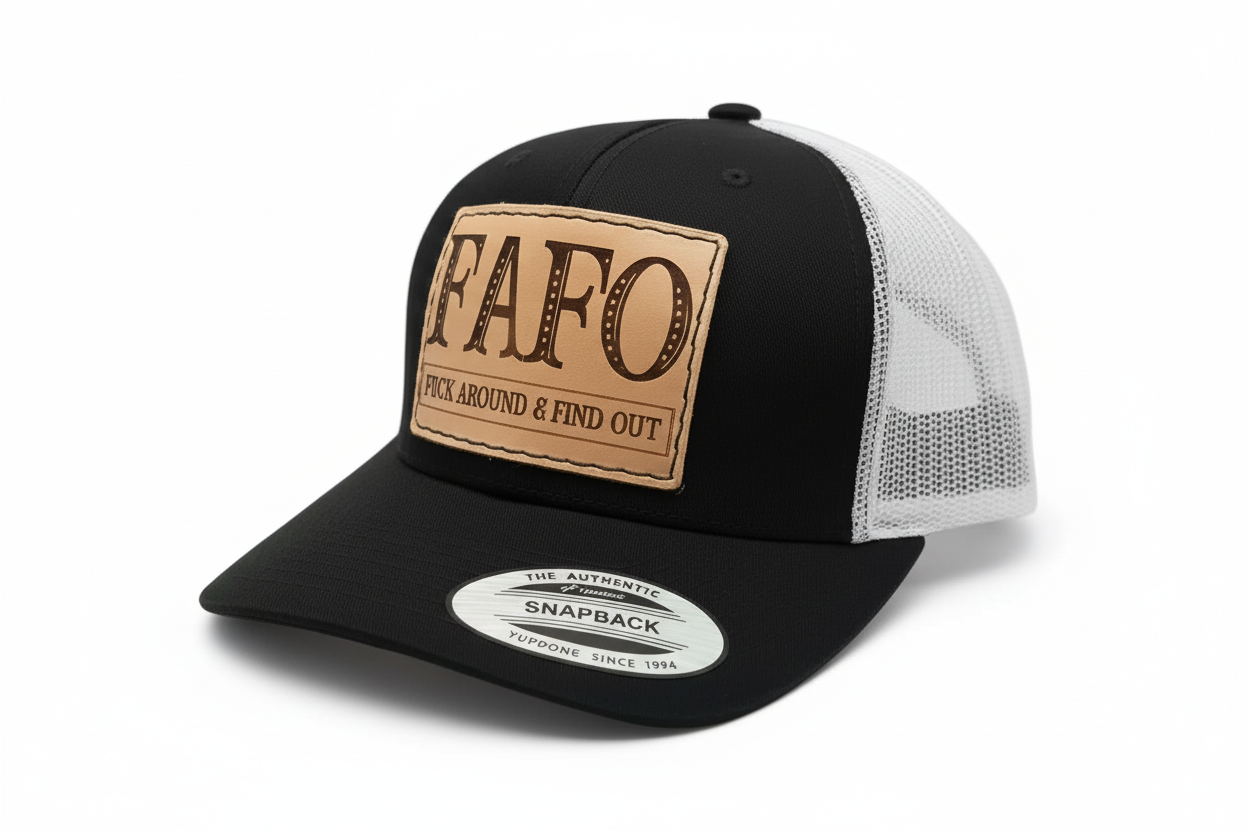 Black trucker cap with a brown leather patch and 'FAFO' branding on a white background