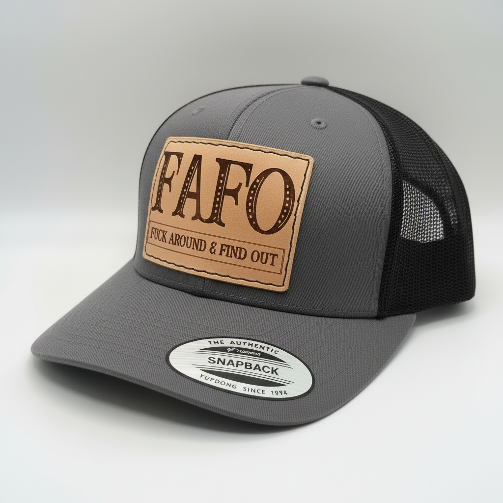 Black trucker cap with a brown leather patch and 'FAFO' branding on a white background