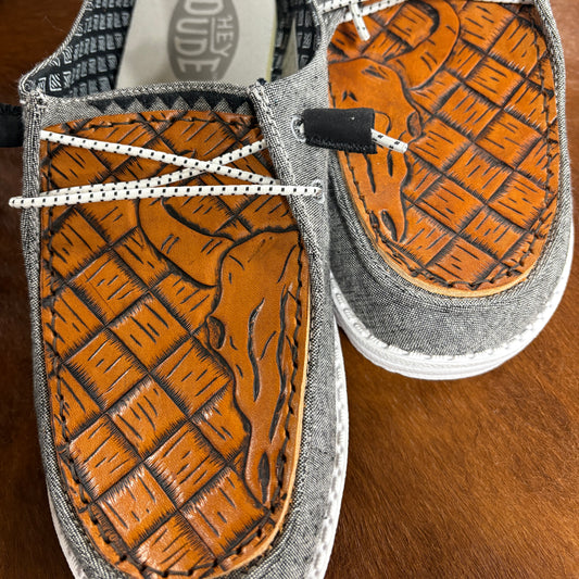 Slip on Shoes with Bison Basketweave Tooled Tops