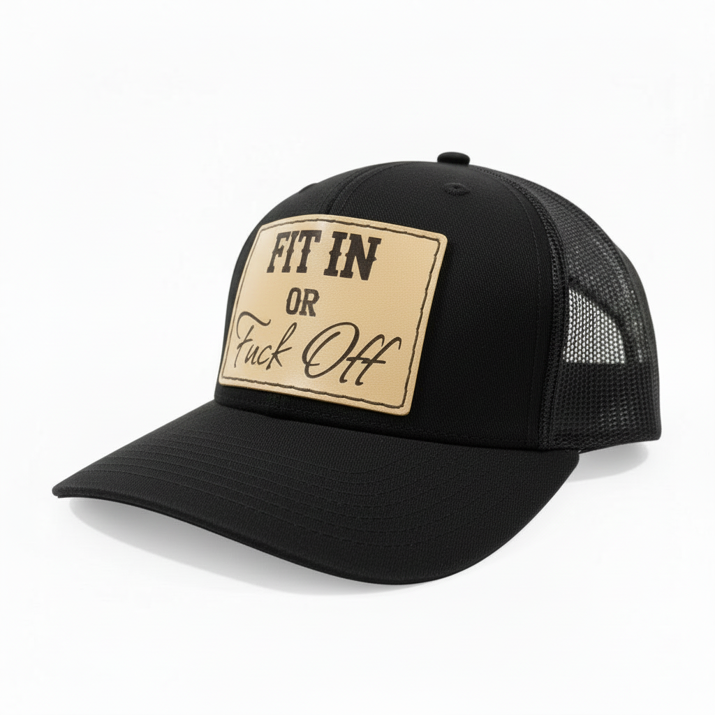 Gray trucker cap with a leather patch and text on a white background