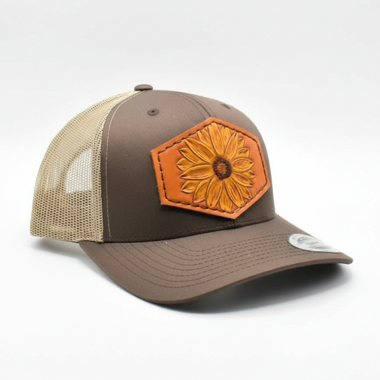Sunflower Tooled Hexagon Leather Hat