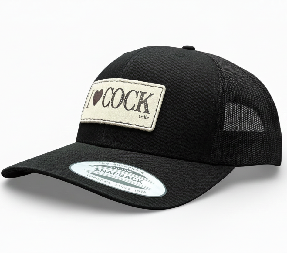 Black trucker cap with a patch and snapback label on a white background