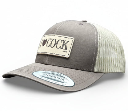 brown and khaki cap with 'I ❤️ COCKtails' patch on a white background