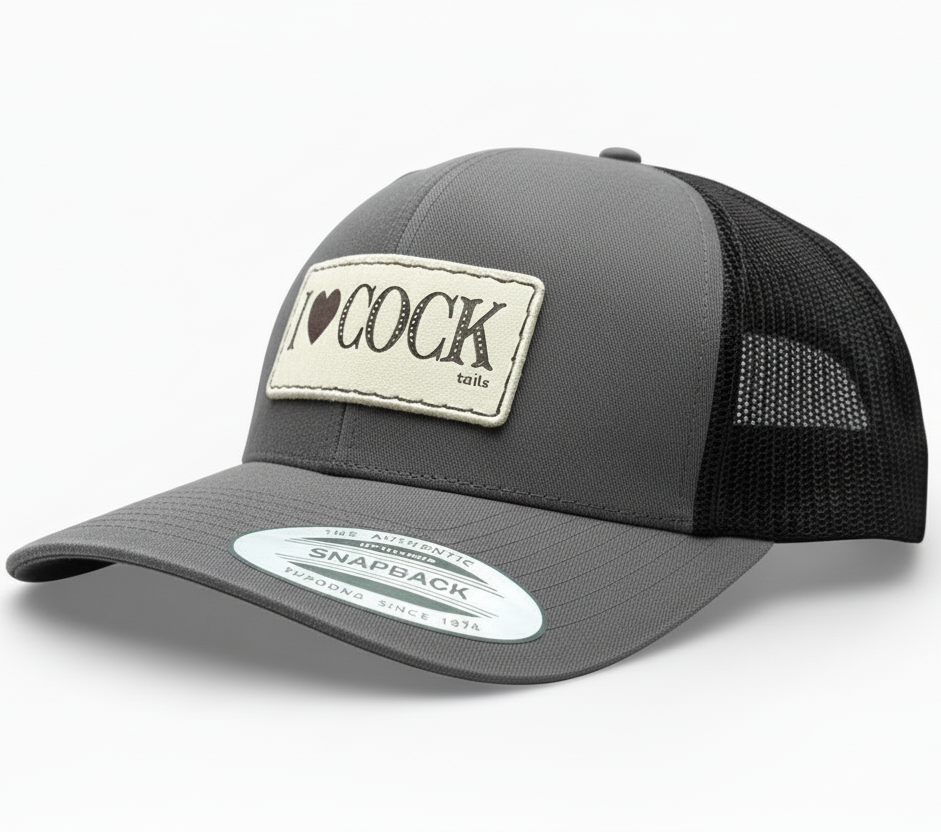 Gray and black trucker cap with 'I ❤️ COCKtails' patch on a white background