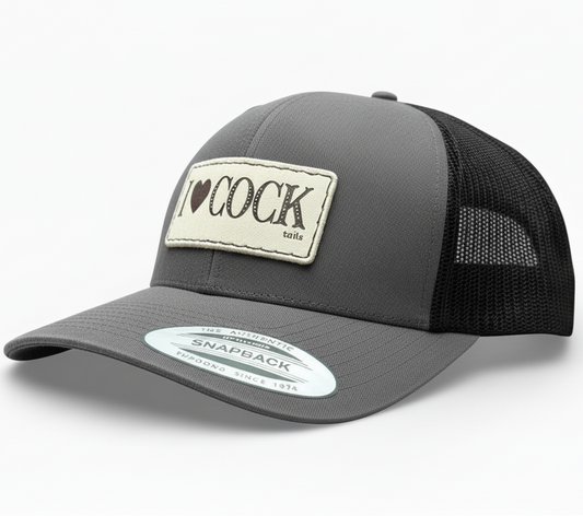 Gray and black trucker cap with 'I ❤️ COCKtails' patch on a white background