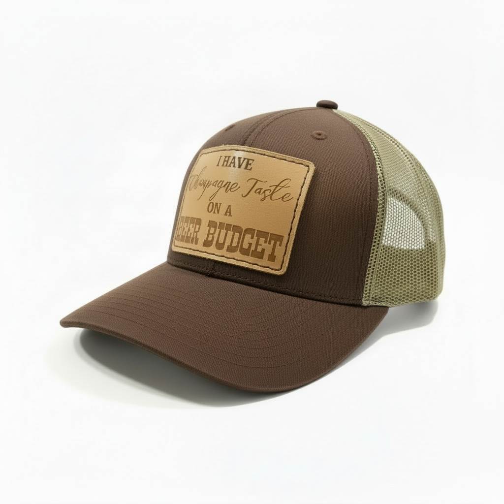 Black cap with a brown leather patch on a white background