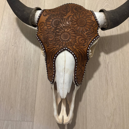 Decorative buffalo skull with leather cover on a wooden floor