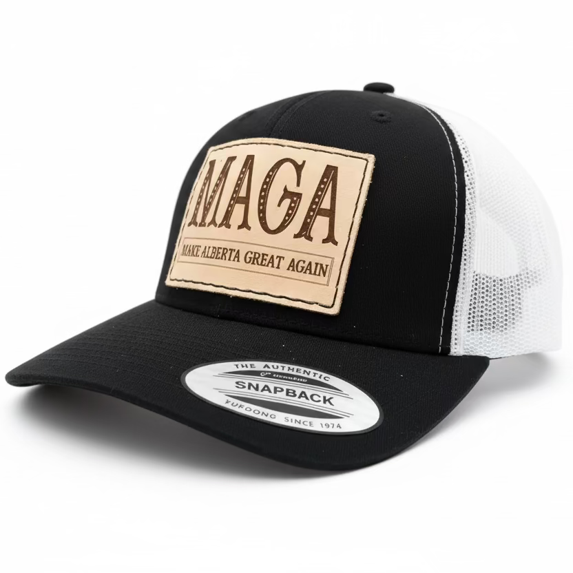 A black and white MAGA hat with a leather patch on the front featuring the text 'MAKE ALBERTA GREAT AGAIN'.